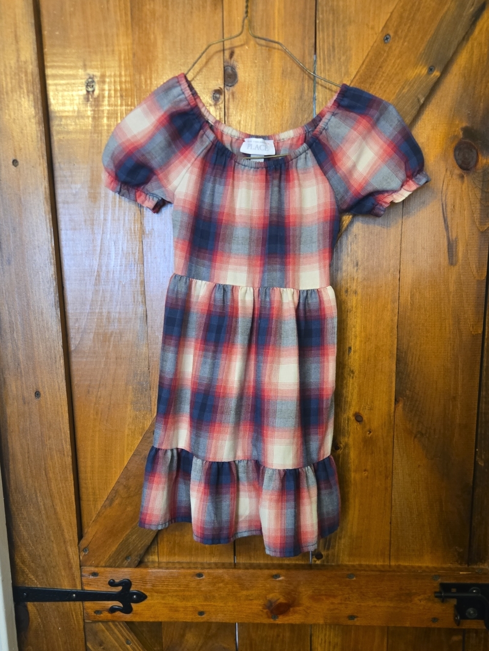 The Children's Place Red, Blue & White Plaid Off-Shoulder Tiered Dress